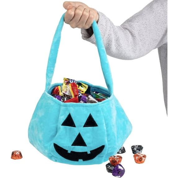 SCS Direct Halloween Teal Halloween Pumpkin Fabric Trick or Treat Tote- Soft Canvas Candy Bag 8" x 8" Kids Light Blue Allergy Friendly Awareness