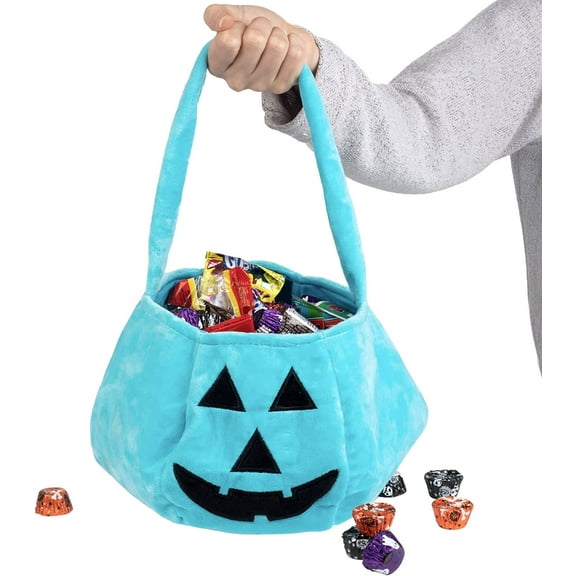 SCS Direct Halloween Teal Halloween Pumpkin Fabric Trick or Treat Tote- Soft Canvas Candy Bag 8" x 8" Kids Light Blue Allergy Friendly Awareness