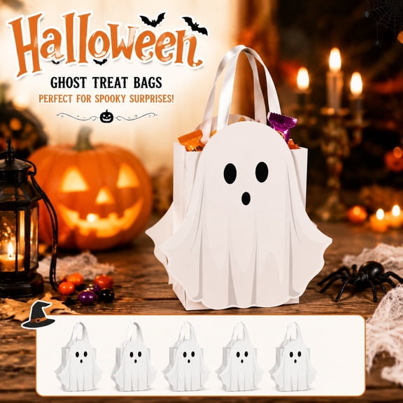 Halloween Trick or Treat Candy Bag, White Cute Ghost Design, 1 Pack Reusable Storage Tote, Halloween Themed Party Favors Surprise Gift Goody Bag for Halloween Trick or Treat Activities Kids Party Cel