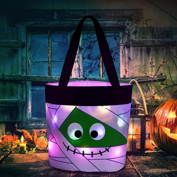 Halloween Trick or Treat Candy Bags LED Light Up Pumpkin Bucket, Collapsible Reusable Candy Basket, Fabric Tote Gift Goody Bags for Kids Halloween Party (Orange)