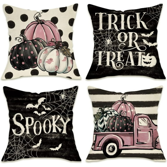 Halloween Trick or Treat Decorative Throw Pillow Covers 16x16 Set of 4, Spooky Pink Pumpkin Truck Ghost Bat Porch Patio Outdoor Pillowcase, Polka Dot Stripes Holiday Cushion Case Home Decor