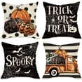 thumbnail image 1 of Halloween Trick or Treat Decorative Throw Pillow Covers 16x16 Set of 4, Spooky Pumpkin Truck Spider Web Bat Porch Patio Outdoor Pillowcase, Polka Dot Stripes Holiday Cushion Case Home Decor, 1 of 6
