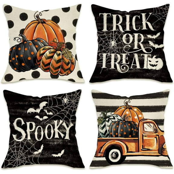 Halloween Trick or Treat Decorative Throw Pillow Covers 16x16 Set of 4, Spooky Pumpkin Truck Spider Web Bat Porch Patio Outdoor Pillowcase, Polka Dot Stripes Holiday Cushion Case Home Decor