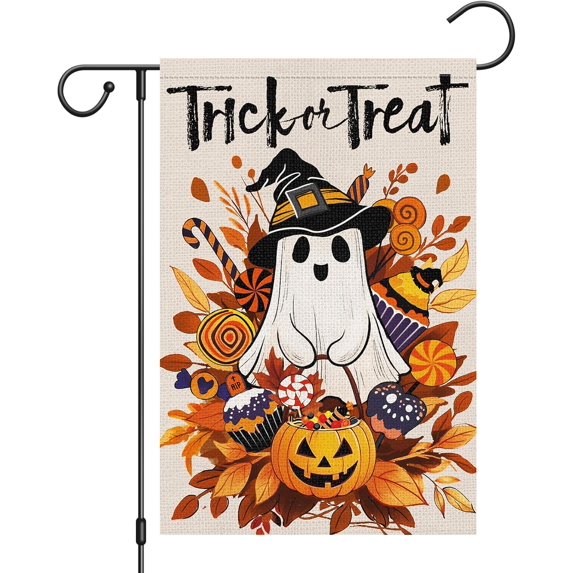 Halloween Trick or Treat Ghost Garden Flag 12 x 18 Inch Vertical Double Sided Burlap Halloween Pumpkin Yard Flags for Seasonal Fall Thanksgiving Farmhouse Decoration(ONLY FLAG)