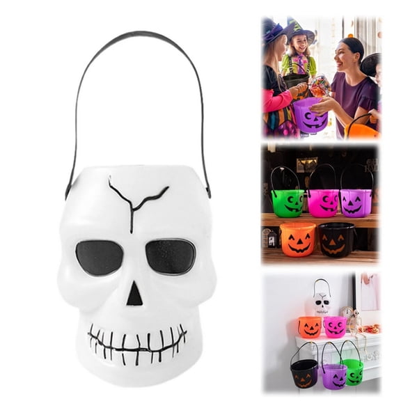 Halloween Trick or Treat Pumpkin Candy Bucket with Handle, Jack O'Lantern Cauldron Candy Holder, Reusable Party Favor Container for Table Centerpiece, Festive Home Decor Serving Bowl (D)