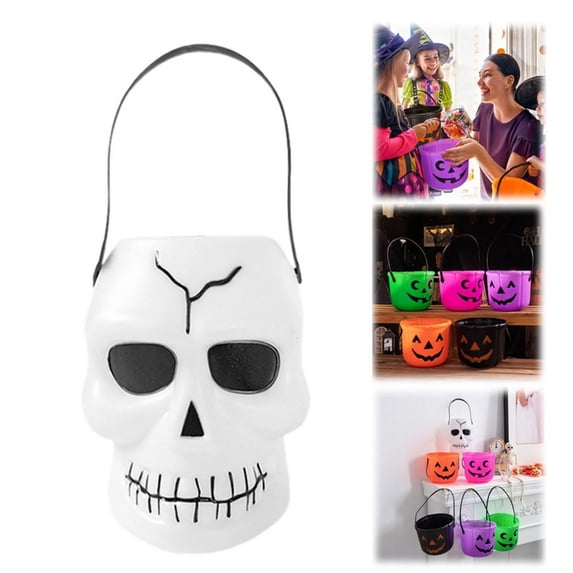 Halloween Trick or Treat Pumpkin Candy Bucket with Handle, Jack O'Lantern Cauldron Candy Holder, Reusable Party Favor Container for Table Centerpiece, Festive Home Decor Serving Bowl (D)
