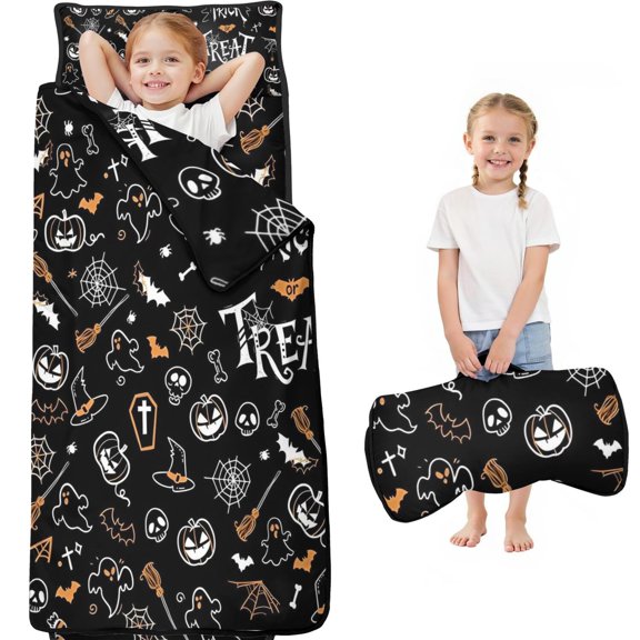 Halloween Trick or Treat Spooky Icons Toddler Nap Mats for Kids Preschool,60"x20" Sleeping Mat Bag or Kids,Toddler Sleeping Bag,Toddler Nap Mat or Daycare