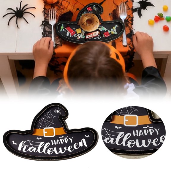 Halloween Trick or Treat Decorative Tray, Multi Shape MDF Serving Platter, Candy Holder Table Centerpiece, Seasonal Home Party Display Decor