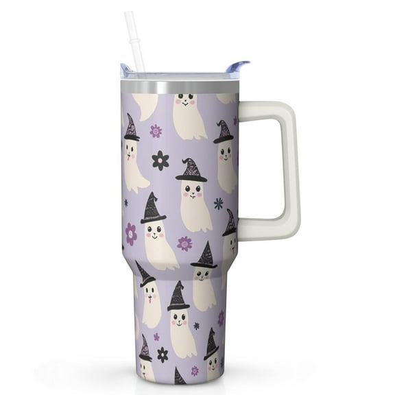 Halloween Trick or Treat Ghost 40 Oz Tumbler with Handle and Straw, Spooky Insulated Cup, Holiday Gift Mug