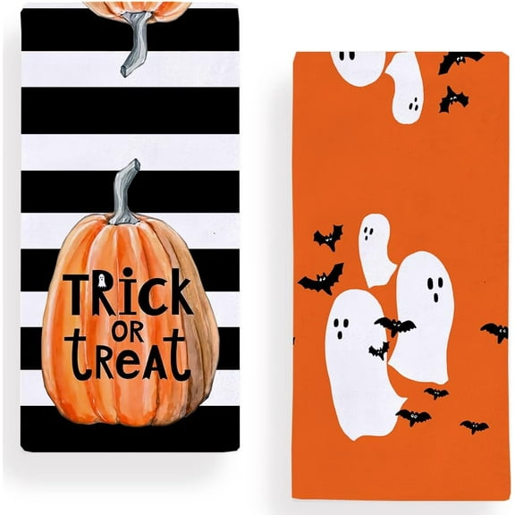 Halloween Trick or Treat Pumpkins Ghost Kitchen Towels Dish Towels, 18x26 Inch Seasonal Halloween Stripe Decoration Hand Towels Set of 2