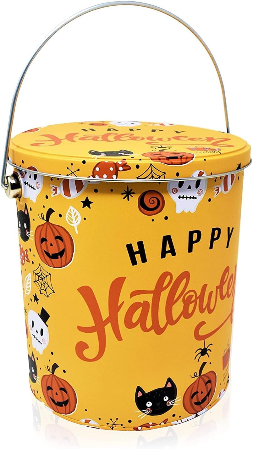 Halloween Trick or Treat Tin Bucket, Yellow Tin Pails with Handle, 4 Pack