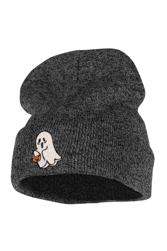 Halloween Trick or Treating Ghost Embroidered Long Knitted Beanie - Black Marled OSFM