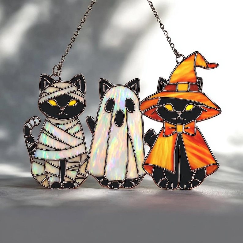 Halloween Trio Black Cats Hologram Suncatcher– Black Cat, Ghost, Witch Mummy Acrylic Window Hanging, Cute Spooky Fall Decor Gift, Cat Lovers