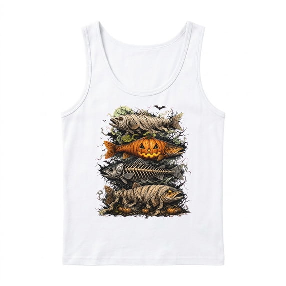 Fishbone Skeleton Image Halloween Trout Fish Ghost Pumpkin Skeleton Mummy Fishing Sleeveless ...