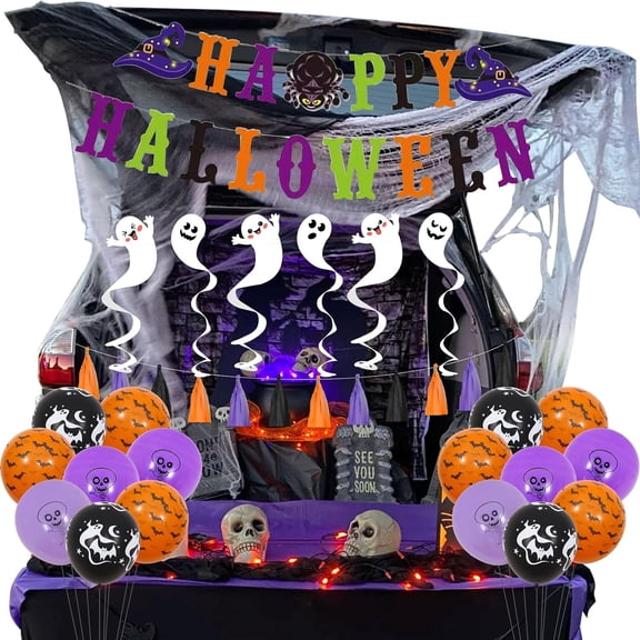 Halloween Trunk or Treat Car Decorations - Happy Halloween Banner, Ghost Hanging Swirls, Tassels, Spider Webs Cotton, Printed Balloons, Happy Halloween Archway Garage Door Party Supplies