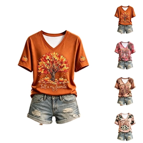 Halloween Tshirts Women Short Sleeve V Neck Casual Howdy Fall Pumpkin Graphic T Shirt Halloween Tops