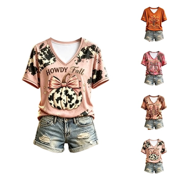 Halloween Tshirts Women Short Sleeve V Neck Casual Howdy Fall Pumpkin Graphic T Shirt Halloween Tops