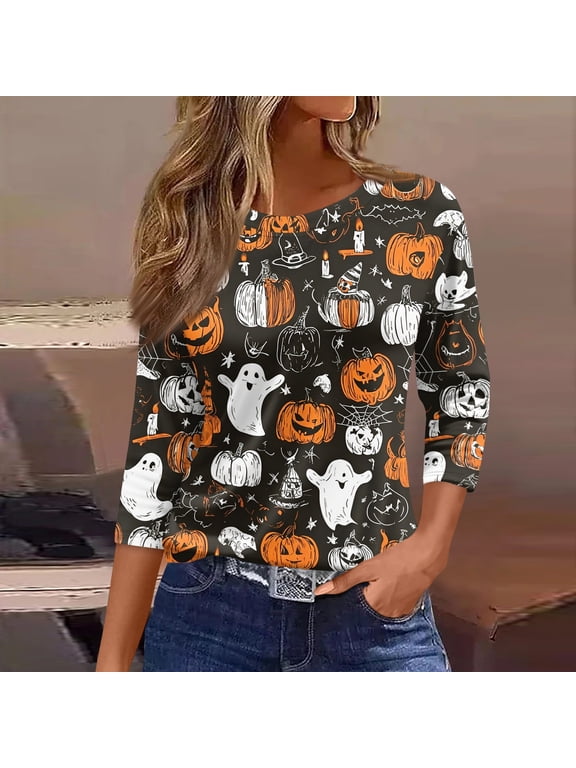 Halloween Tshirts for Women 3/4 Length Sleeve Womens Tops Fall Crew Neck Loose Pumpkin Ghost Graphic T Shirts