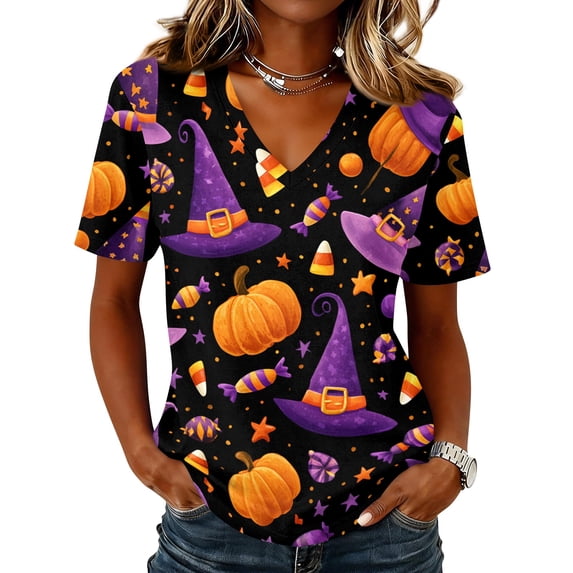 Halloween Tshirts for Women Short Sleeve Pumpkin Face T-Shirts V Neck Comfort Blouses Loose Fit Halloween Party Shirts Purple XXL