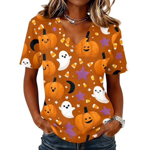 Halloween Tshirts for Women Short Sleeve Spooky Season Shirts V Neck Comfort Tops Retro Evening Party Tees Gold M