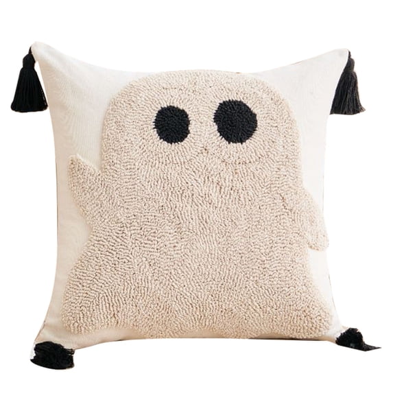 Halloween Tufted Throw Pillow Cover Assortment, Assorted Ghost Bat Spider Web Pumpkin Patterns Square Tasseled Cushion Sham with Hidden Zipper for Sofa Bed Decor