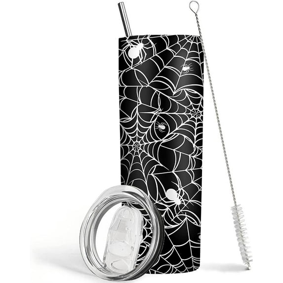 Halloween Tumbler 20 oz Travel Coffee Mug Sipder Web Print Skinny Tumblers with Lid and Straw Stainless Steel Insulated Coffee Cups Gift for Halloween