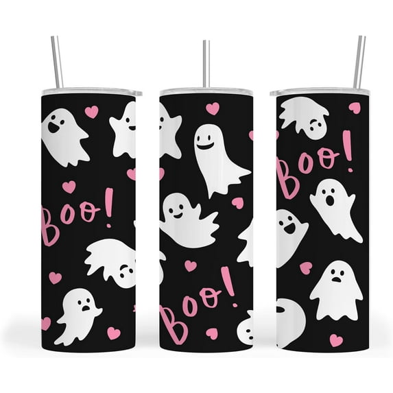 Halloween Tumbler 20Oz, Stainless Steel Skinny, Ghost Tumbler, Tumbler with Lid, Straw, Brush and Non-Slip Base, Use like Water Bottle, Coffee Mug, Travel Mug, Wine Cup. Woman Gift, Cute Tumbler.