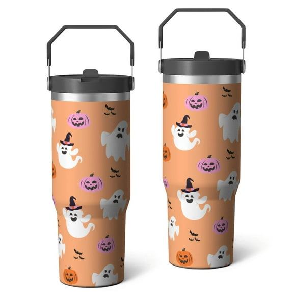 Halloween Tumbler 30oz with Lid and Straw, Skull Bat Pumpkin Cup, Insulated Leak-Proof Coffee Travel Mug with Handle for Spooky Witchy Gifts Women Men