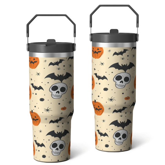 Halloween Tumbler 30oz with Lid and Straw, Skull Bat Pumpkin Cup, Insulated Leak-Proof Coffee Travel Mug with Handle for Spooky Witchy Gifts Women Men