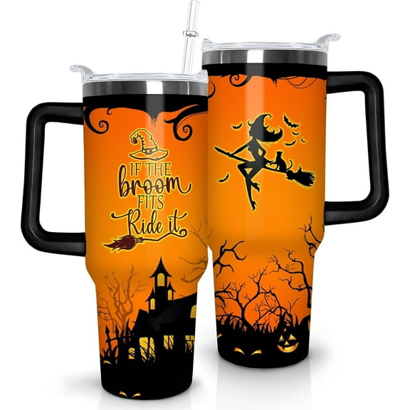 Halloween Tumbler 40 oz Halloween Tumblers with Handle and Straw Orange Witchy Stainless Steel Insulated Coffee Cups Mugs Halloween Gifts Stuff for Women Girls