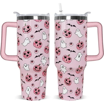Halloween Tumbler 40 oz Pink Pumpkin Ghost Tumbler Bats Cups Leak Proof Tumbler Insulated Coffee Travel Mug for Halloween Gifts Gothic Witchy Decor