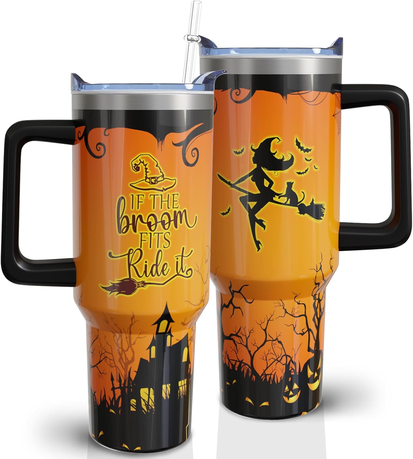 Halloween Tumbler 40 oz Tumblers with Handle and Straw Orange Witchy Stainless Steel Insulated Coffee Cups Mugs Halloweens Gifts Stuff for Women Girls