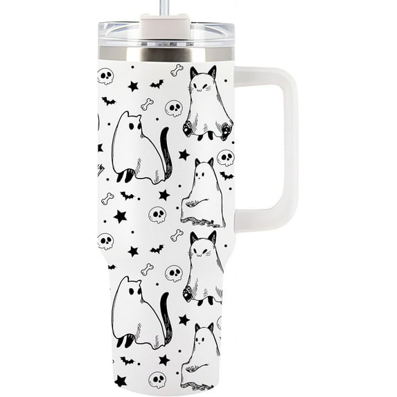 Halloween Tumbler 40Oz With Handle For Men, Women - Halloween Kitchen Decor, Funny Spooky Gift, Ghost Tumbler For Friend, Coworker - Spirit Halloween Cup, Fall Cup For Mom, Dad, Sister (Boo Cat)