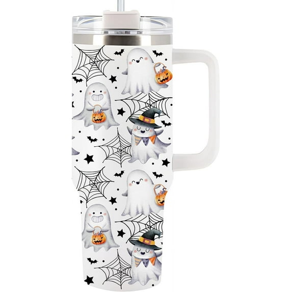 Halloween Tumbler 40Oz With Handle For Men, Women - Halloween Kitchen Decor,Funny Spooky Gift, Ghost Tumbler For Friend, Coworker - Spirit Halloween Cup, Fall Cup For Mom, Dad, Sister (Boo Smile)