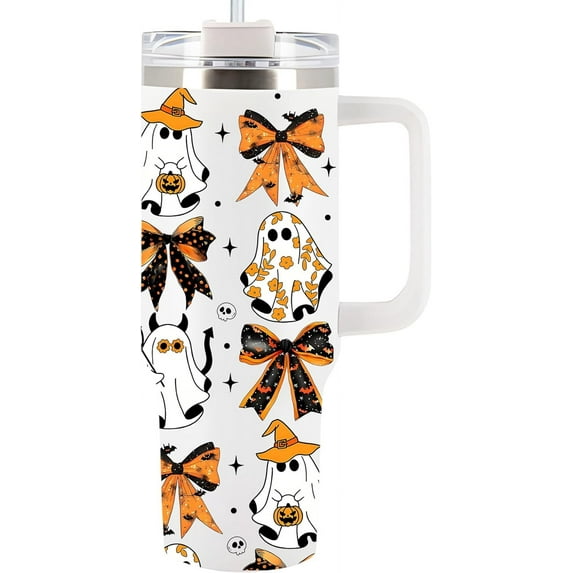Halloween Tumbler 40Oz With Handle For Men, Women - Spirit Halloween Cup For Mom, Dad, Sister -Funny Spooky Gift, Halloween Kitchen Decor, Ghost Tumbler For Friend, Coworker (Orange Coquette Bow)