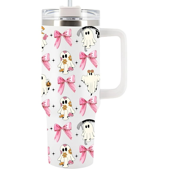 Halloween Tumbler 40Oz With Handle For Men, Women - Spirit Halloween Cup For Mom, Dad, Sister - Funny Spooky Gift, Halloween Kitchen Decor, Ghost Tumbler For Friend, Coworker (Pink Coquette Bow)