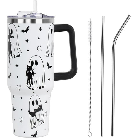 Halloween Tumbler 40oz with Lid & Straw - Gothic Ghost Cat Design, Vacuum Insulated, Leakproof Stainless Steel Cup - Spooky Gift for Women & Girls (Fall, Thanksgiving)