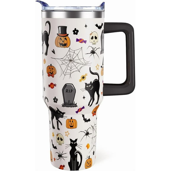 Halloween Tumbler 40oz Spooky Skeleton Skull Tumblers with Lid and Straw Leopard Cup Goth Gothic Gifts for Women Stuff Gift for Men