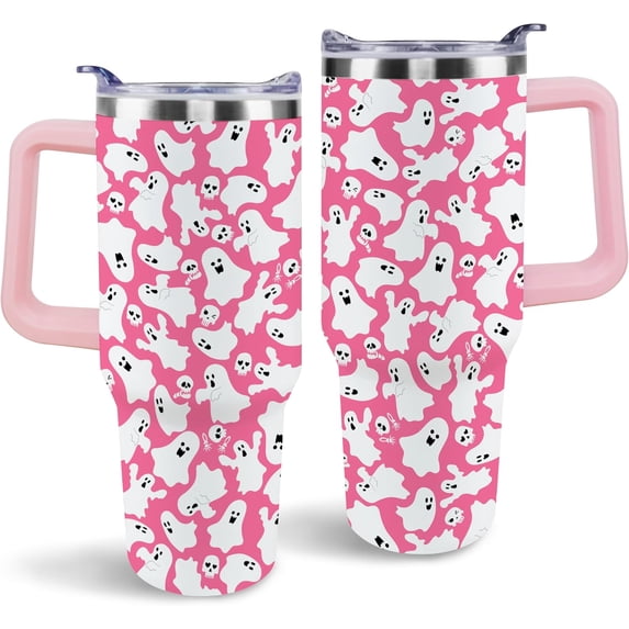 Halloween Tumbler, Cute Pink Ghost Skull Tumbler with Handle and Straw, 40 oz Stainless Steel Insulated Water Bottle Halloween Gifts for Women