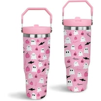 Halloween Tumbler, Cute Spooky Pink Ghost Tumbler Pumpkin Bat Cup with Handle and Straw, 30 oz Stainless Steel Insulated Water Bottle Halloween Gifts for Women