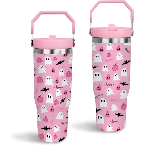 Halloween Tumbler, Cute Spooky Pink Ghost Tumbler Pumpkin Bat Cup with Handle and Straw, 30 oz Stainless Steel Insulated Water Bottle Halloween Gifts for Women