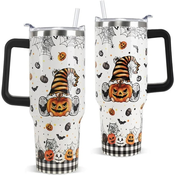 Halloween Tumbler with Handle 40 oz Gnomes Bats Pumpkin Ghost Coffee Travel Mug Stainless Steel Goth Spider Web Insulated Cups Cute Halloween Decor Gifts