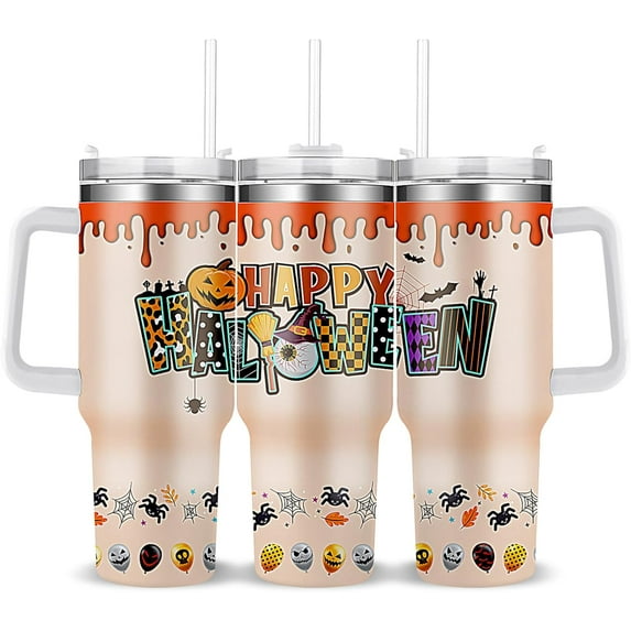 Halloween Tumbler with Handle Happy Halloween Gifts for Women Men - 40oz Halloween Tumbler with Lid and Straw - Halloween Present with Glost Pumpkin Spider Bat for kids