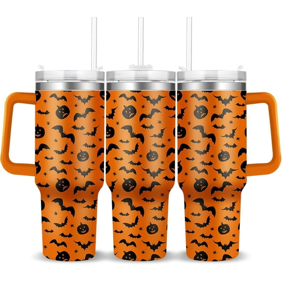 Halloween Tumbler with Handle Happy Halloween Gifts for Women Men - 40oz Halloween Tumbler with Lid and Straw - Halloween Present with Pumpkin Spider Bat for Kids
