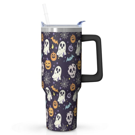 Halloween Tumbler with Handle and Straw, 40 oz Stainless Steel Insulated Travel Mug, Ghost and Skull Pattern with Spider Webs, Spooky Coffee Cup for Hot and Cold Drinks, Trick or Treat Party Gift