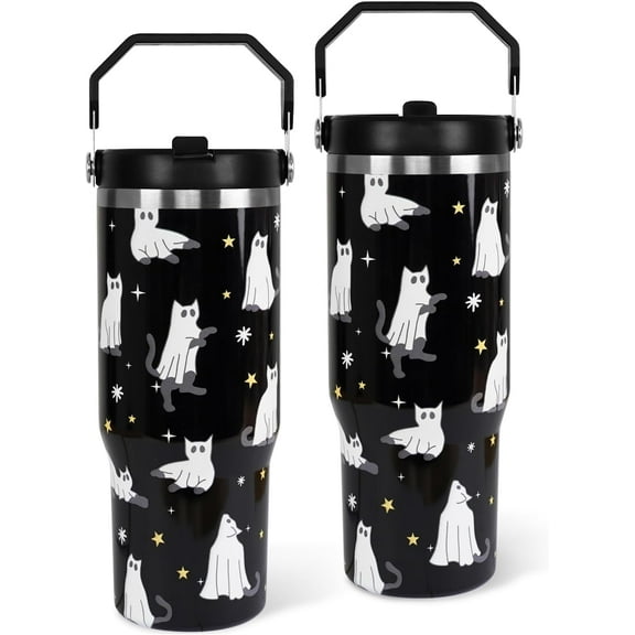 Halloween Tumbler with Lid and Straw 30oz,Black Cute Ghost Cat Vacuum Insulated Leak Proof Tumbler,Goth Cute Spooky Gift Women Kids Teen Girls,Halloween Accessories Stainless Steel Coffee Cup