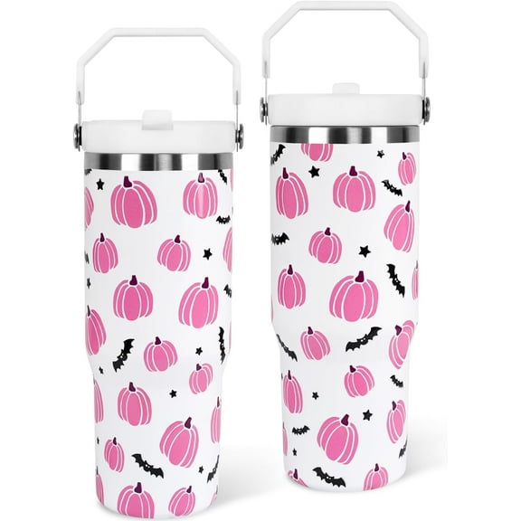 Halloween Tumbler with Lid and Straw 30oz,Fall Pink Pumpkin Bat Vacuum Insulated Leak Proof Tumbler,Goth Cute Spooky Gift Women Kids Teen Girls,Thanksgiving Accessories Stainless Steel Coffee Cup