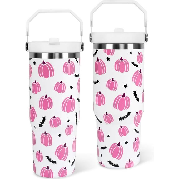 Halloween Tumbler with Lid and Straw 30oz,Fall Pink Pumpkin Bat Vacuum Insulated Leak Proof Tumbler,Goth Cute Spooky Gift Women Kids Teen Girls,Thanksgiving Accessories Stainless Steel Coffee Cup