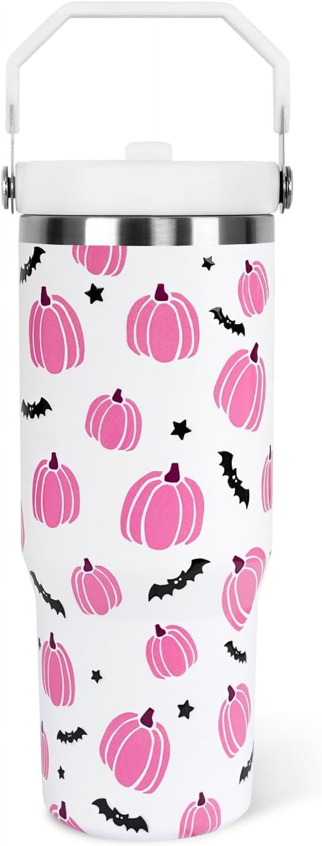 Halloween Tumbler with Lid and Straw 30oz,Fall Pink Pumpkin Bat Vacuum Insulated Leak Proof Tumbler,Goth Cute Spooky Gift Women Kids Teen Girls,Thanksgiving Accessories Stainless Steel Coffee Cup