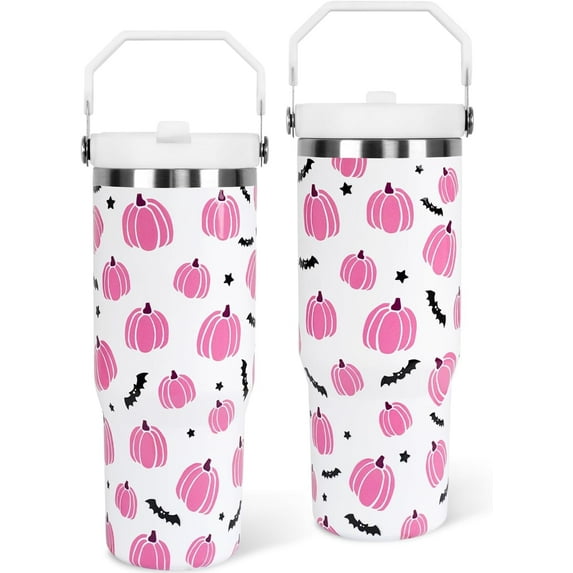 Halloween Tumbler with Lid and Straw 30oz,Fall Pink Pumpkin Bat Vacuum Insulated Leak Proof Tumbler,Goth Cute Spooky Gift Women Kids Teen Girls,Thanksgiving Accessories Stainless Steel Coffee Cup
